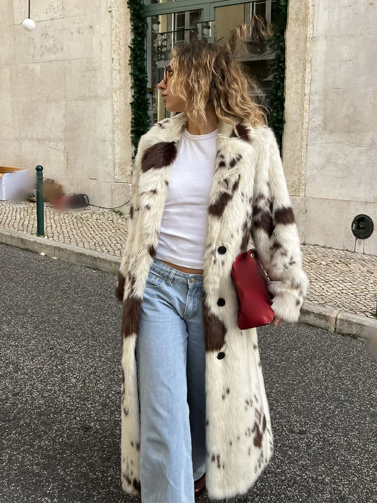HH Woman Warm Thick Casual Animal Print Faux Fur Long Coats Women Winter Elegant Long Sleeve Lapel Single Breasted Jackets