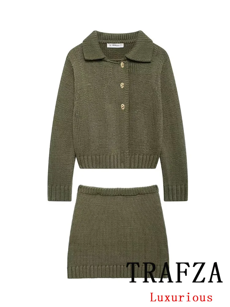 TRAFZA Vintage Casual Chic Green Solid Women Suit Polo-Neck Button Straight Top Mini Slim Skirt Fashion 2024 Jesienny garnitur z dzianiny