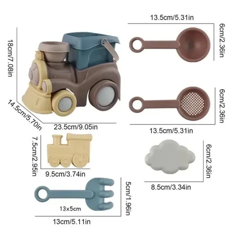 8/6PCS Toddler Beach Toys Sand Train Set - Sand Castle Kit with Truck, Bucket, Scoop, Rake, Colander & Trowel for Sandbox