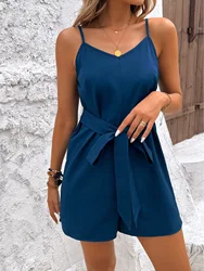 Women's Casual Summer Soild Blue Color Short Rompers Overalls 2024 Self -cultivation SlingTie Knot Strap Jumpsuits Shorts Sales