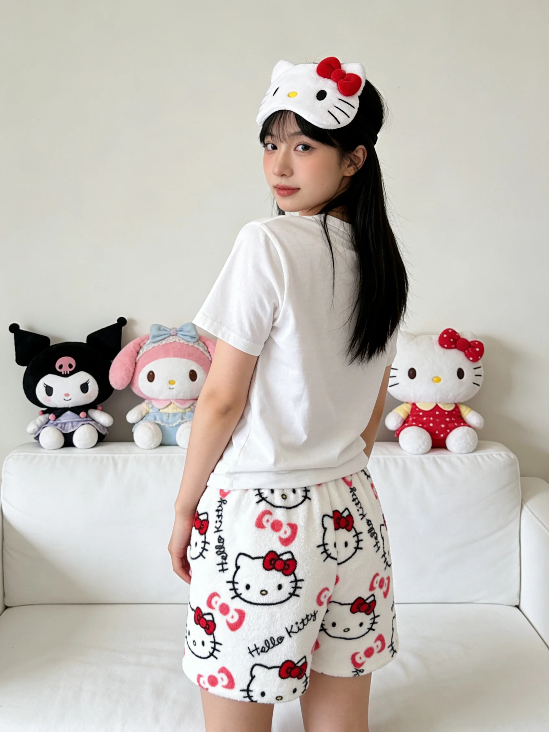 Hello Kitty Flannel Sleep Pants, White Shorts for Couple Pants, Y2K Cartoon Anime Style, Festival Gifts, Party Outfits