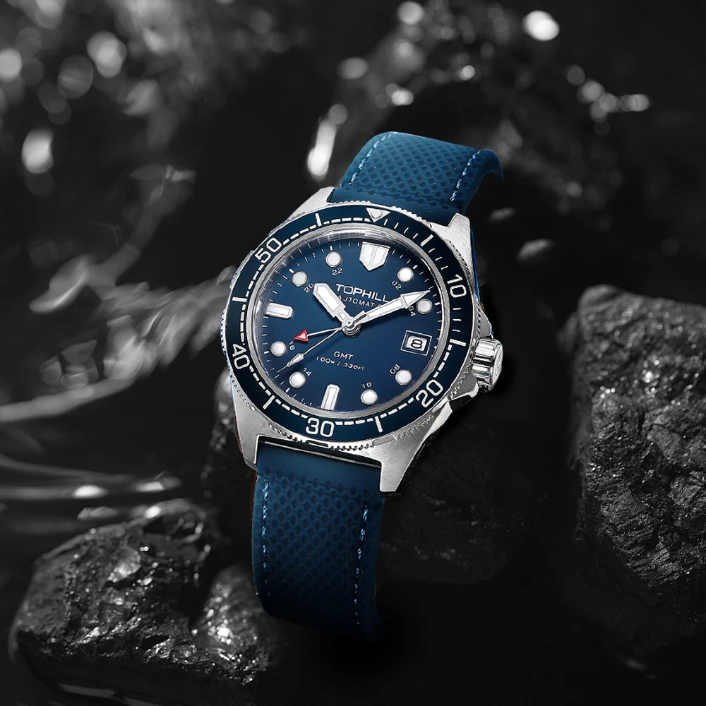 TOPHILL 39.5mm Gmt Watch Automatic For Men Wristwatches Self Winding 3H Date Window Swim Sport 10Bar C3 Luminous Reloj Sapphire Crystal Matte Dial Silicone Rubber Strap TD011G