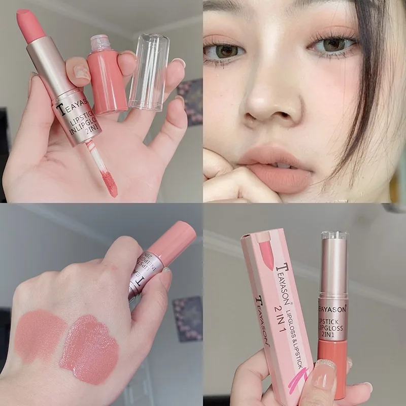 1Pc Long Lasting Velvet Matte Lipstick Double Head Lip Gloss Non-stick Cup Lip Gloss Waterproof 2 in 1 Matte Red Lipstick Makeup