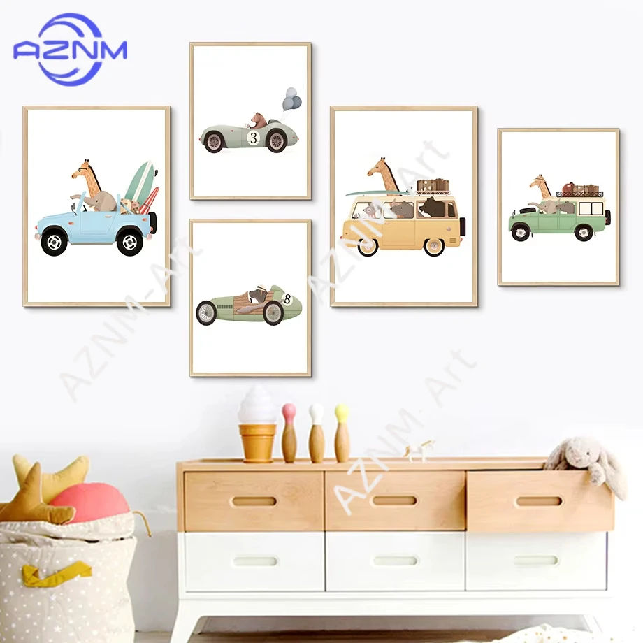 1PC ，Giraffe Elephant Bear Animal Car Travel Nursery Wall Art Canvas Painting Nordic Posters And Prints Wall Pictures Kids Room