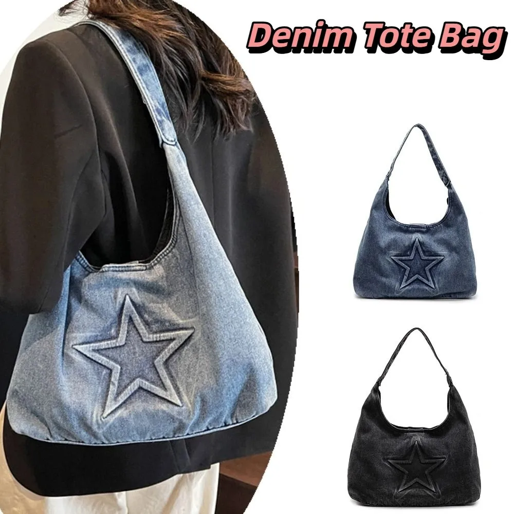 

Casual Leisure Denim Tote Bag Large Capacity Star Pattern Canvas Shoulder Bag Harajuku Hobo Bag Women Handbag Women