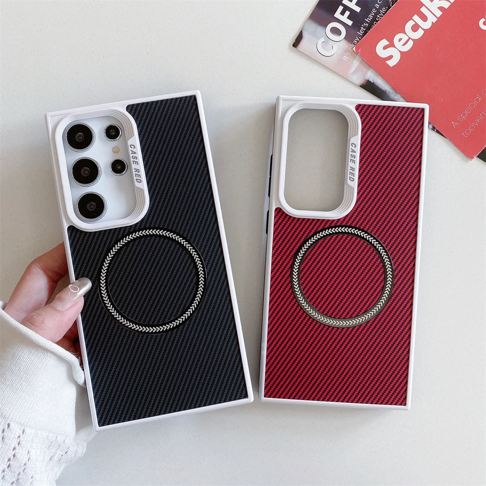 Luxury O-Ring Magnetic Veneering Classic Leather Case for Galaxy S24 Ultra S22 S23 Plus Ultra-Thin Wireless Charging Phone Cover