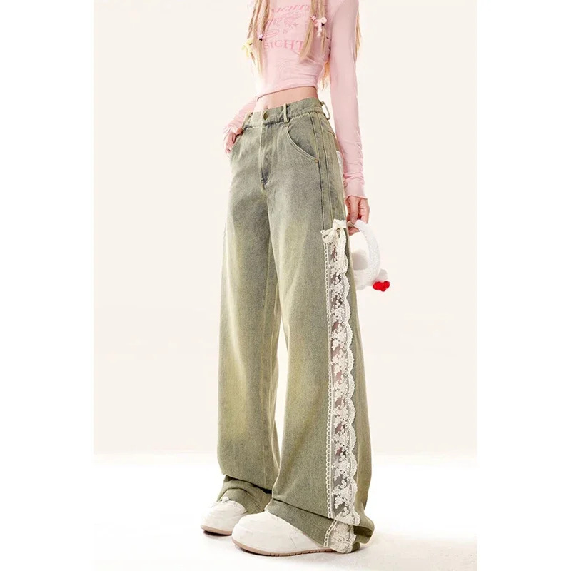 

Vintage Y2K Lace Patchwork Women Jeans High Waist Straight Leg Denim Trousers 2000s American Retro Cargo Pants Pantalones