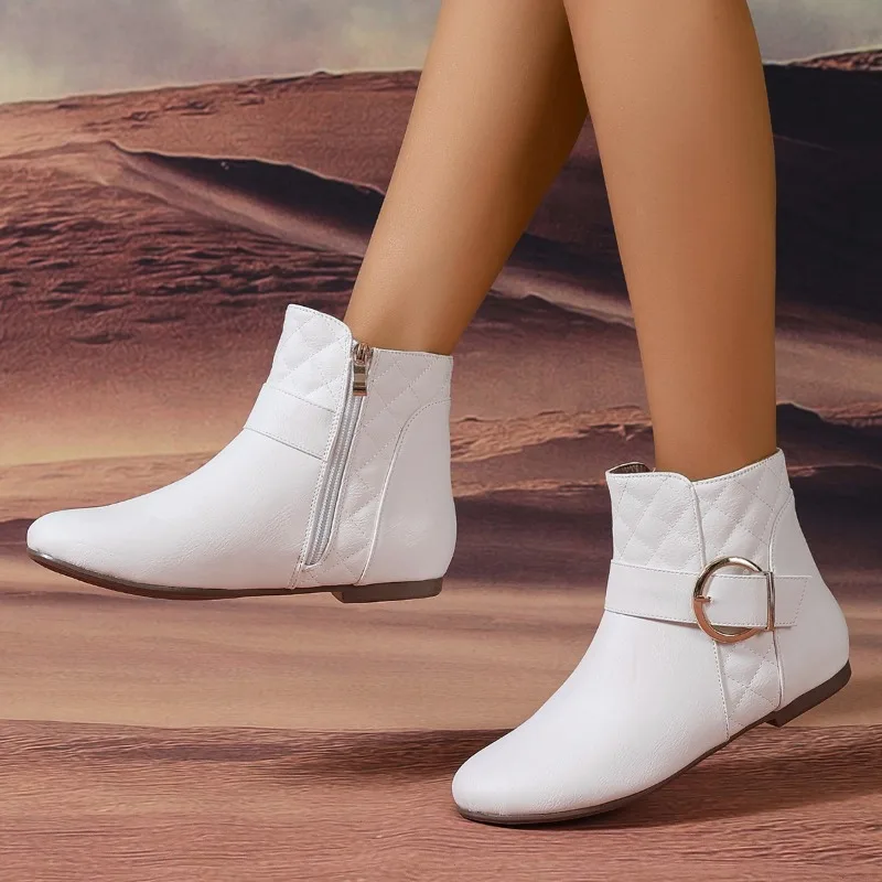 New Winter Flat Cotton Boots for Women Round Head Side Zipper Metal Belt Buckle Anti-slip Wear-resistant Short Boots