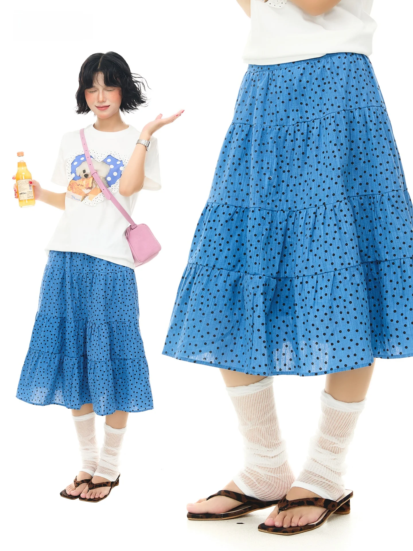 Sanowers Vintage Blue Polka Dot Print A-Line  Skirt Women Summer High Waist Slimming Cake Style Midi Skirt Princess Wind