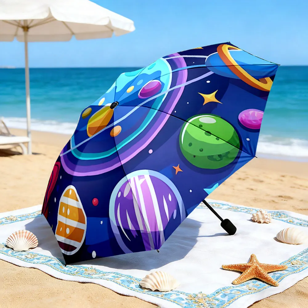 1PC Colorful Cosmic-Themed Umbrella by the Serene Lake Print 8 Iron Ribs Folding Umbrella Auto-Open Fashion Sunshade