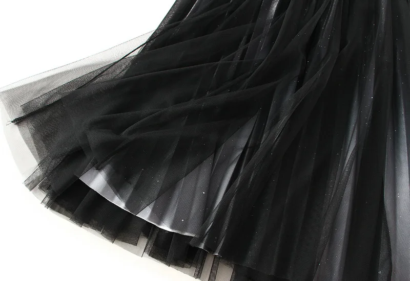 Starry Gradient Chiffon Pleated Long Skirt for Women, Solid Color 3-layer A-line High Waisted Autumn and Winter Big Swing Skirt