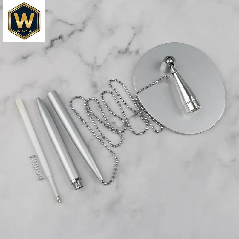 For Office/ Bank: Silver Metal Desk Pen with Chain, Anti-Theft Rollerball Pen for Counter Signing, Office Desktop Signature Pen