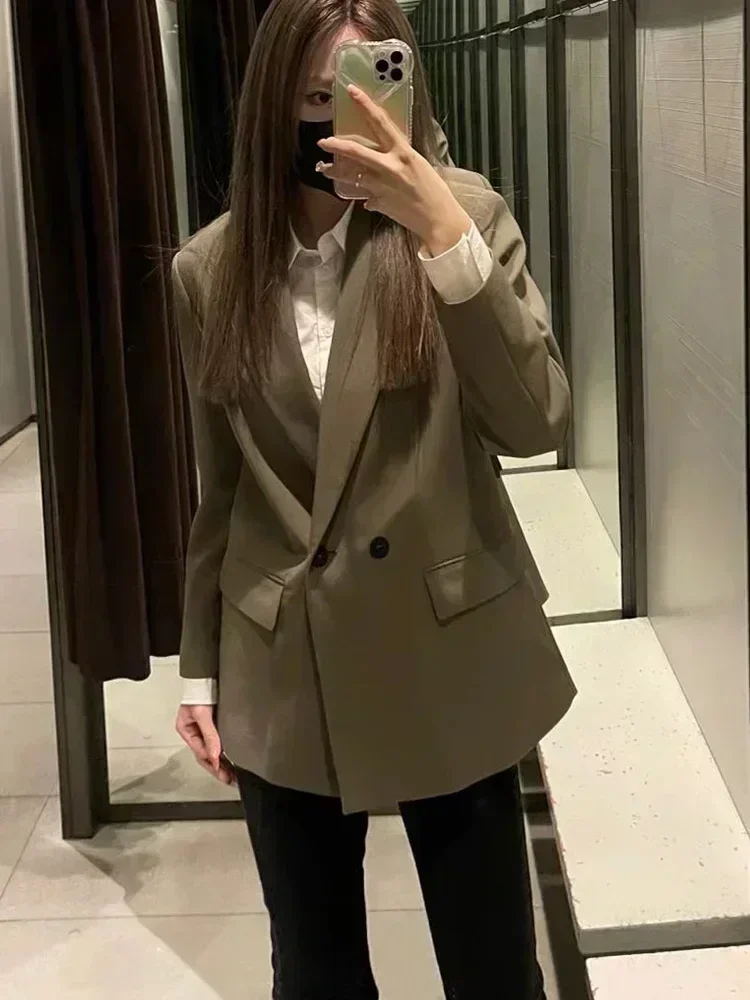 Blazer croisé grande taille pour femme, manteau vintage, manches longues, poches, nouvelle mode, 2022