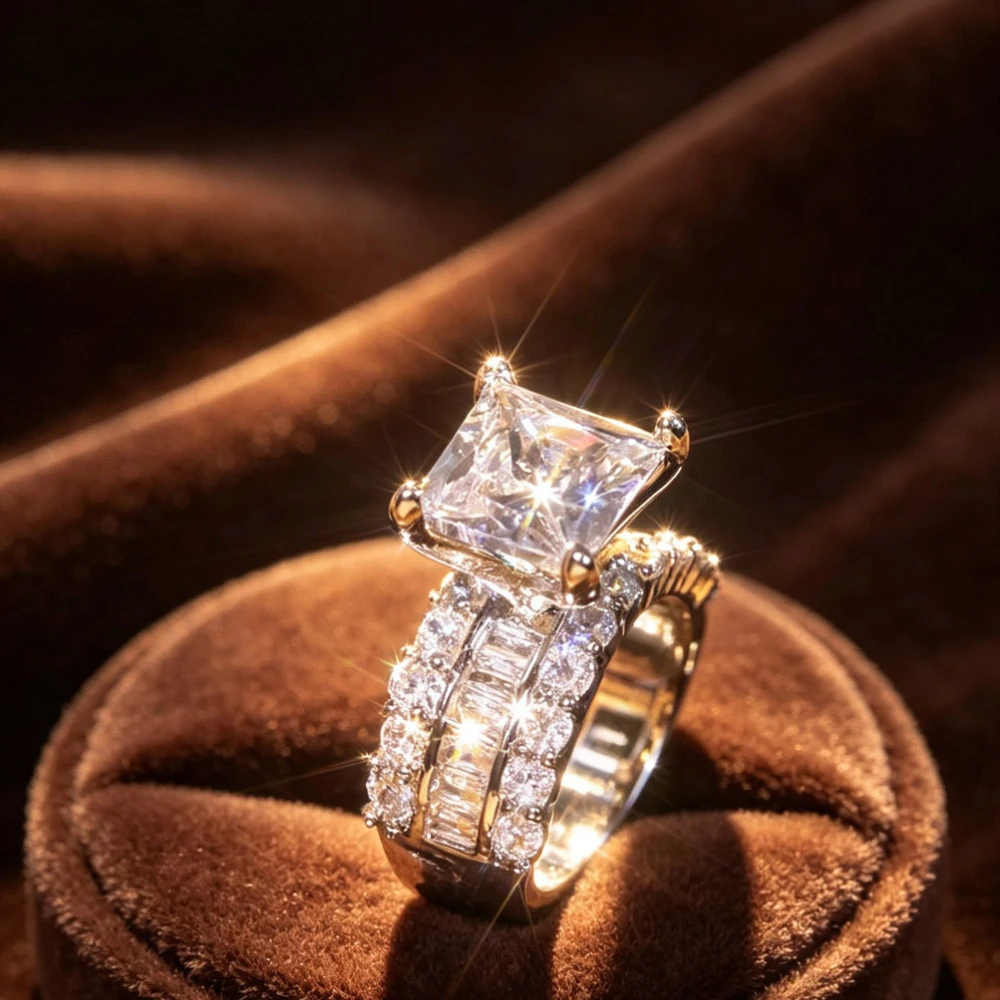 1PC Luxury Wide Band Metal Ring with Princess Cut Center, double rows textured band, exquisite craftsmanship. Suitable for daily wear, banquet, anniversary, proposal, ideal gift for lovers and family members.