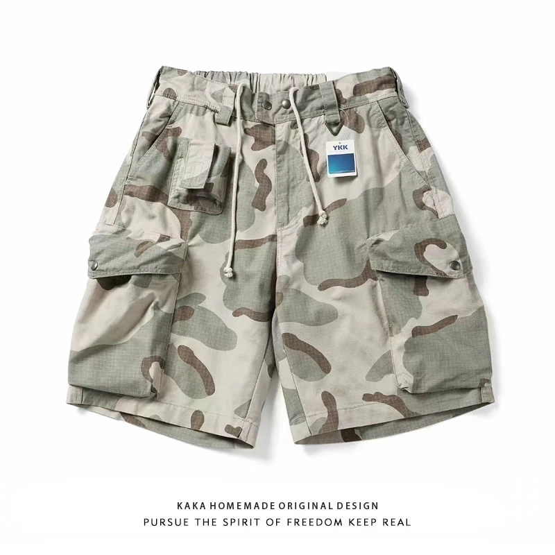 Retro City Camo Workwear Pants Loose Trousers with Drawstring Multi-Pockets  Color Personalized Five-Quarter Length
