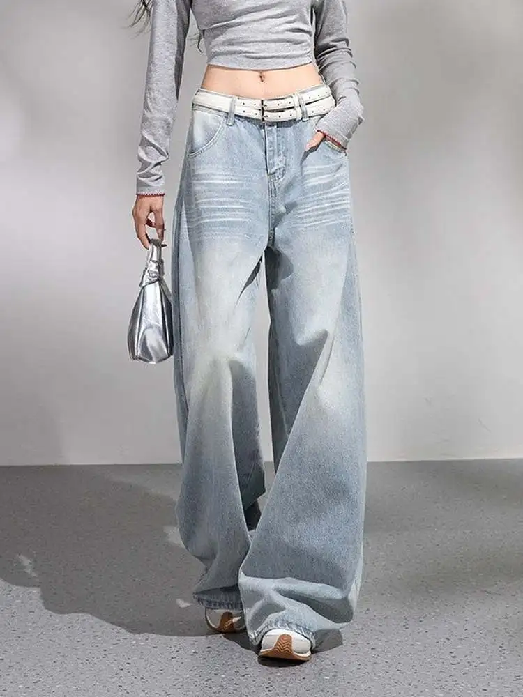 Calças Jeans de Cintura Alta Assimétrica com Pernas Largas para Mulheres, Ajuste Solto, Estilo Casual, Denim Azul Bordado com Detalhes em Lâmina