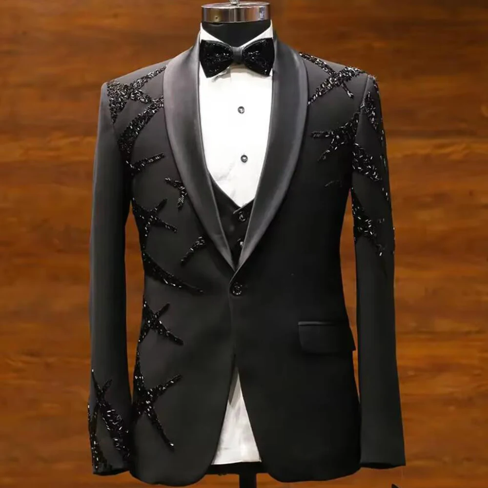 Exclusive Wedding Groom Tuxedo Single Breasted Jacket Vest Pants Customized Beaded Stones Prom Blazer 3 Pieces Ropa Hombre 2027