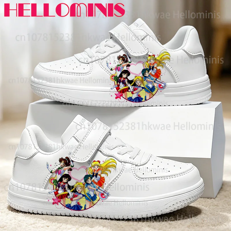 Usagi Tsukino Cartoon Girl Print Kids White Sneakers Hook & Loop Girls Casual Non Slip School Shoes Birthday Gift