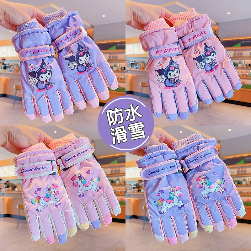 Sanrios Kuromi Child Ski Gloves Autumn Winter Cute Anime Figure Kawaii Cartoon Keep Warm Velvet Thicken Girl Water Proof