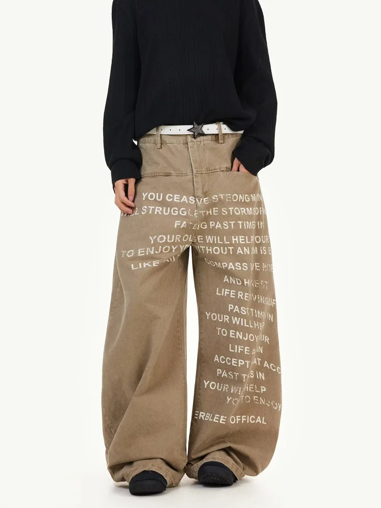2025 Cyber Y2K Stijl Kaki Brief Gedrukt Baggy Jeans Broek Voor Mannen Kleding Rechte Casual Luxe Lange Broek Moda Hombre
