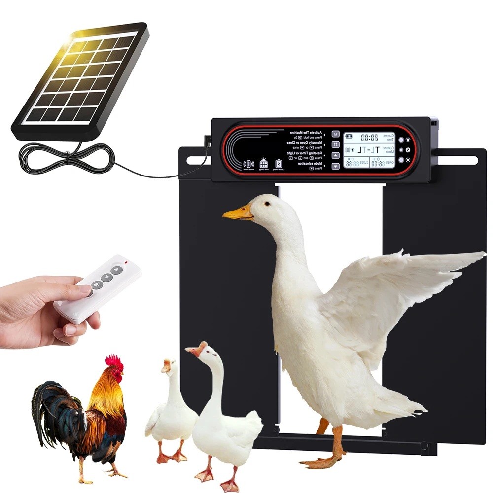 

Automatic chicken coop door, anti pinch protection, large LCD display screen, timer and light sensor mode, solar powered automat