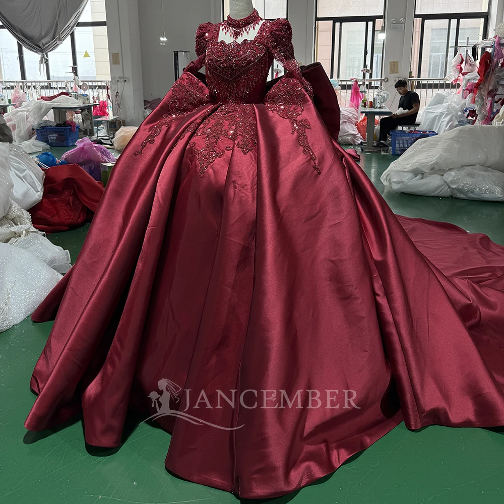 Maßgeschneidertes Vestido De Noiva Langarm-Ballkleid Stilvolles Hochzeitskleid Handgefertigte Blumen Pailletten Perlen Hochzeitskleid