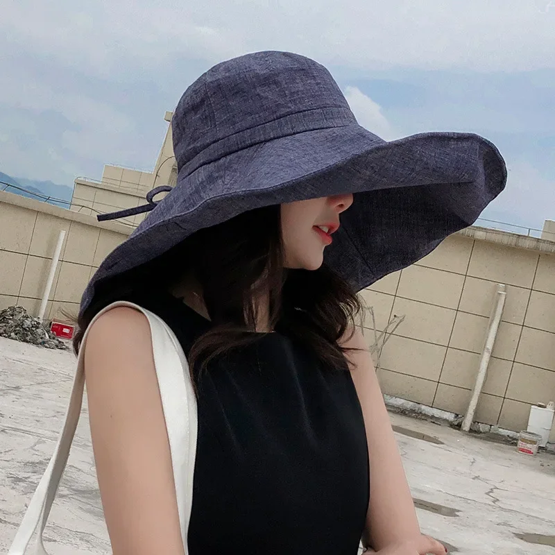 Summer Cap Wide Brim Linen Sun Hats for Women Uv Protection Sunshade Foldable Bucket Hat Beach Outing Panama Caps Gorras