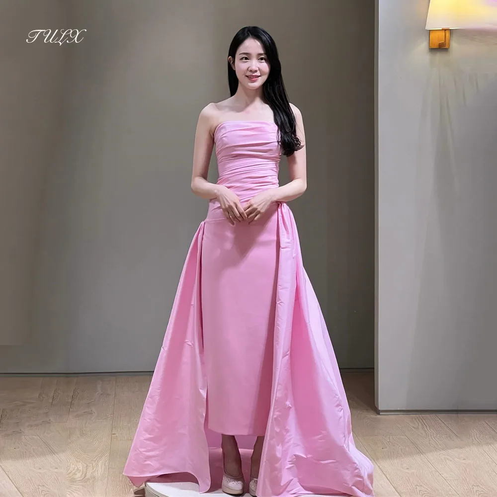

TULX Princess Pink Taffeta Evening Dress Korea Wedding Photo Shoot Strapless Pleat Floor Length Party Dress Corset Customized