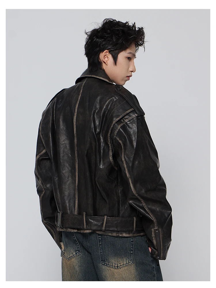 Mauroicardi Spring Cool Handsome Vintage Distressed Black Pu Leather Biker Jacket Men Belt Zipper Loose Unisex Clothes 2024 9 Sf0dfee086f5347509fd6e47cb84968cco