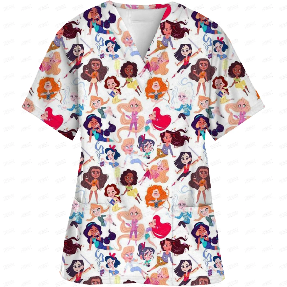 Women Working Uniform Disney Princess Print Frozen Elsa Short Sleeve V-neck Tops Femme Blouse Nurse work wear Medical Uniforms