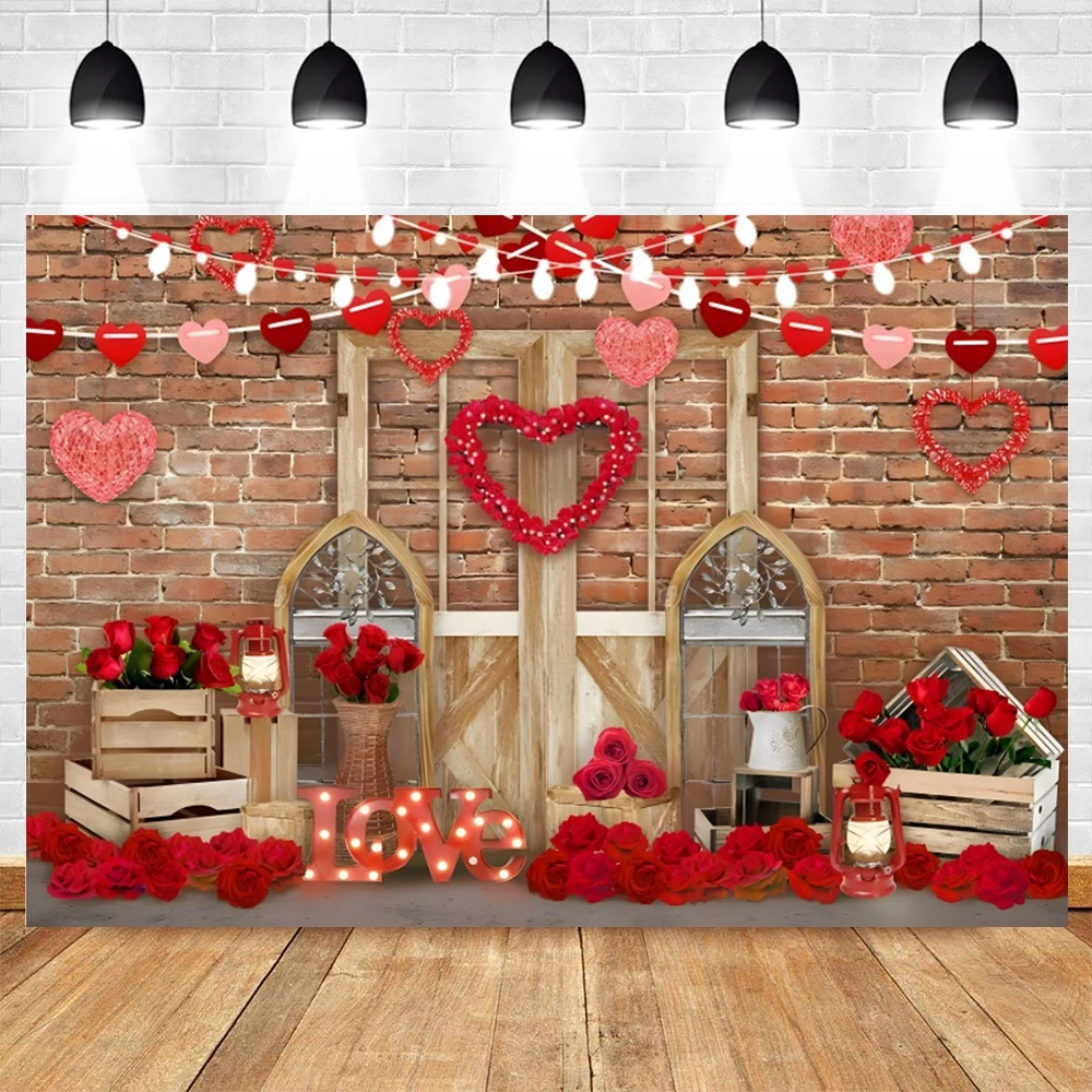 Valentine\'s Day Backdrop for Photography February 14 Red Love Heart Balloon Wooden Board Flowers Wedding Party Photo Background