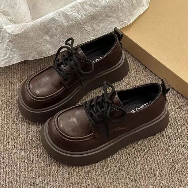 Women Vintage Brown Lace‑up Platform Oxford Shoes Round Toe Chunky Thick Sole JK Preppy StyleCasual Height Increase Ladies Shoes view 3