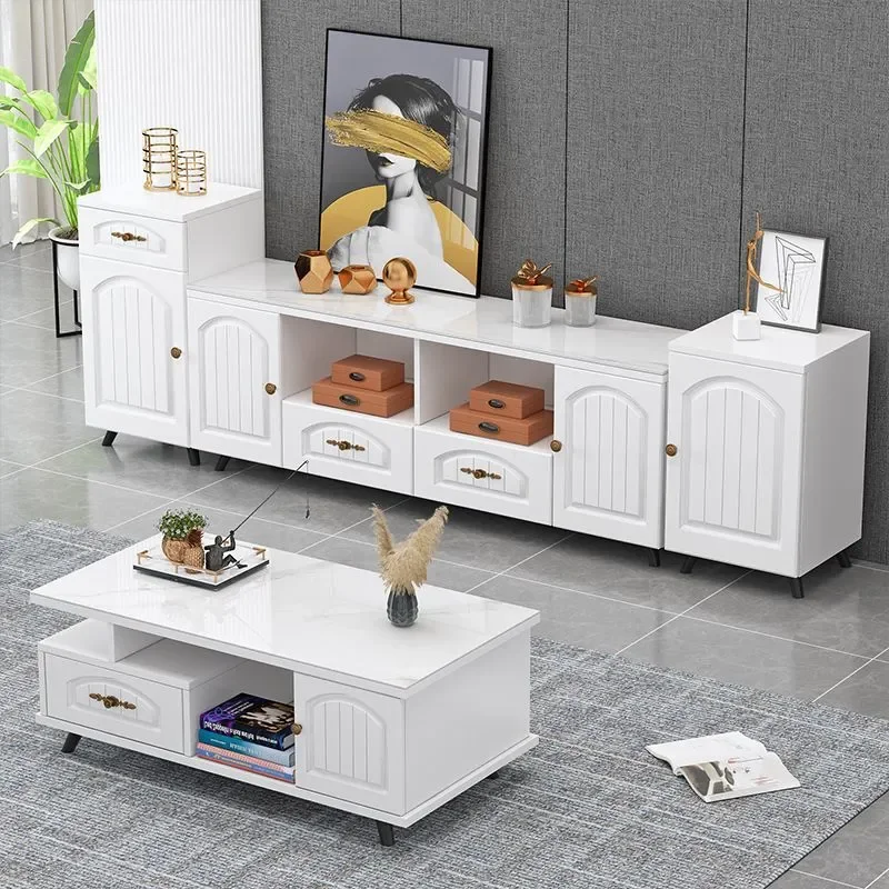Mediterranean Style TV Stand and Coffee Table Combo European Simple Tempered Glass Floor Cabinet for Small Apartment Bedroom