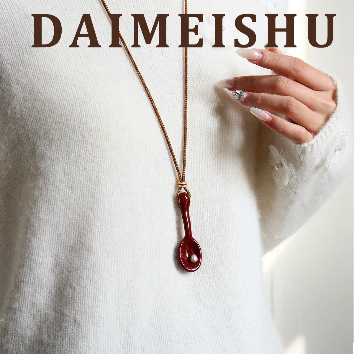 Original design minimalist red droplet shaped pearl spoon and water bottle shape sweater chain and long necklace for women