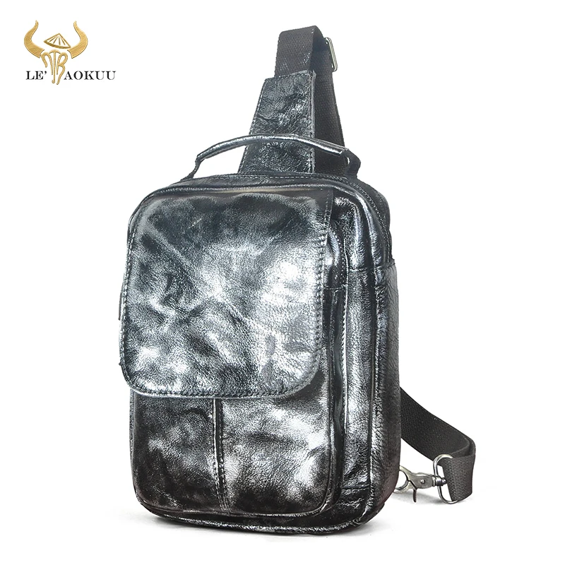 

Men Soft Quality Leather Fashion Triangle Chest Sling Bag Design Travel 8" Tablet Tote One Shoulder Bag Daypack For Male 20154