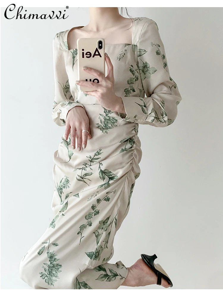 Spring 2024 Elegant Socialite Commuter Green Printing Square Collar Long Sleeve High Waist Crimp Casual Long Dress for Women