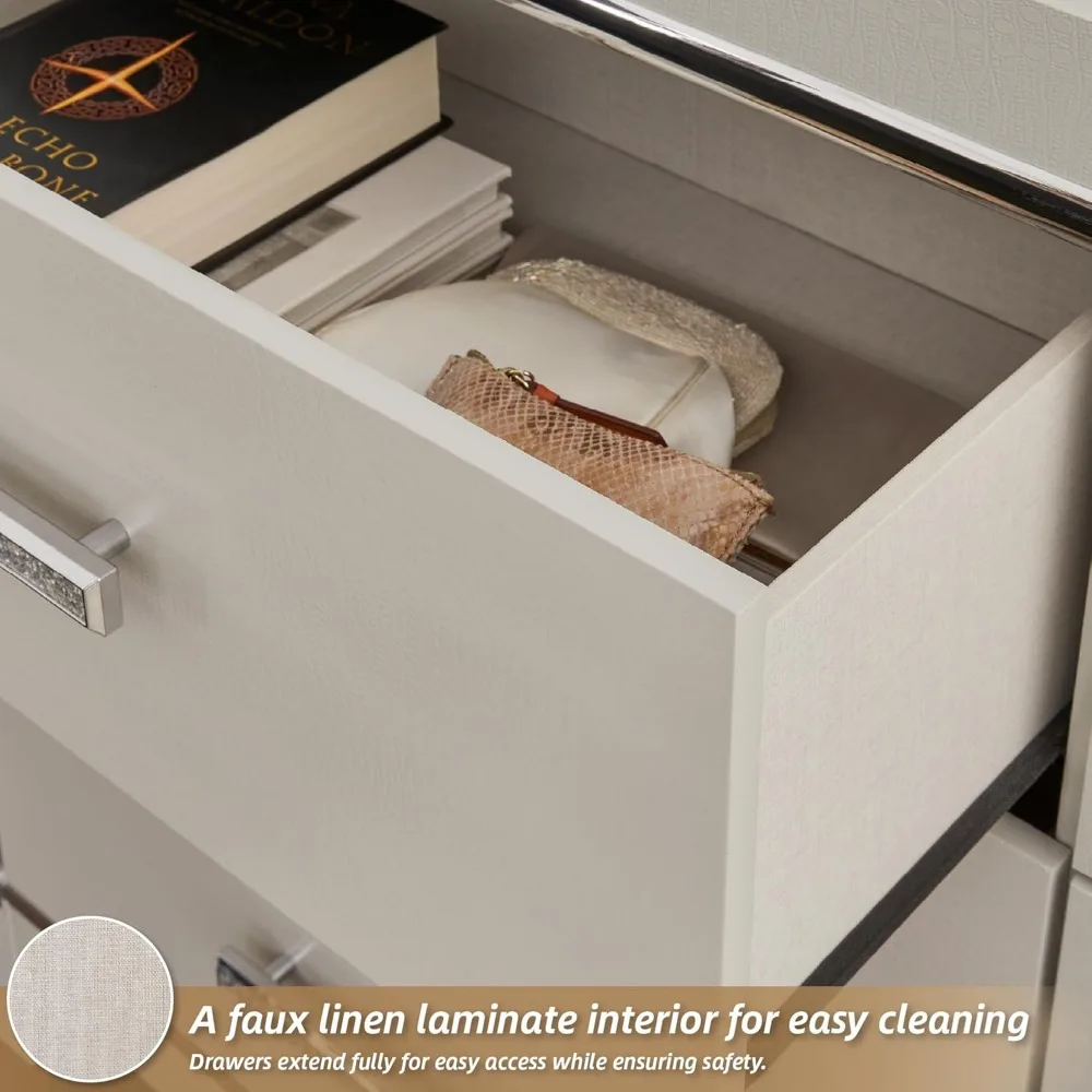 Design exclusivo da Ashley Zyniden Glam Mesa de cabeceira com 2 gavetas com carregamento sem fio e portas USB, 24,45 de altura, bege e cromado