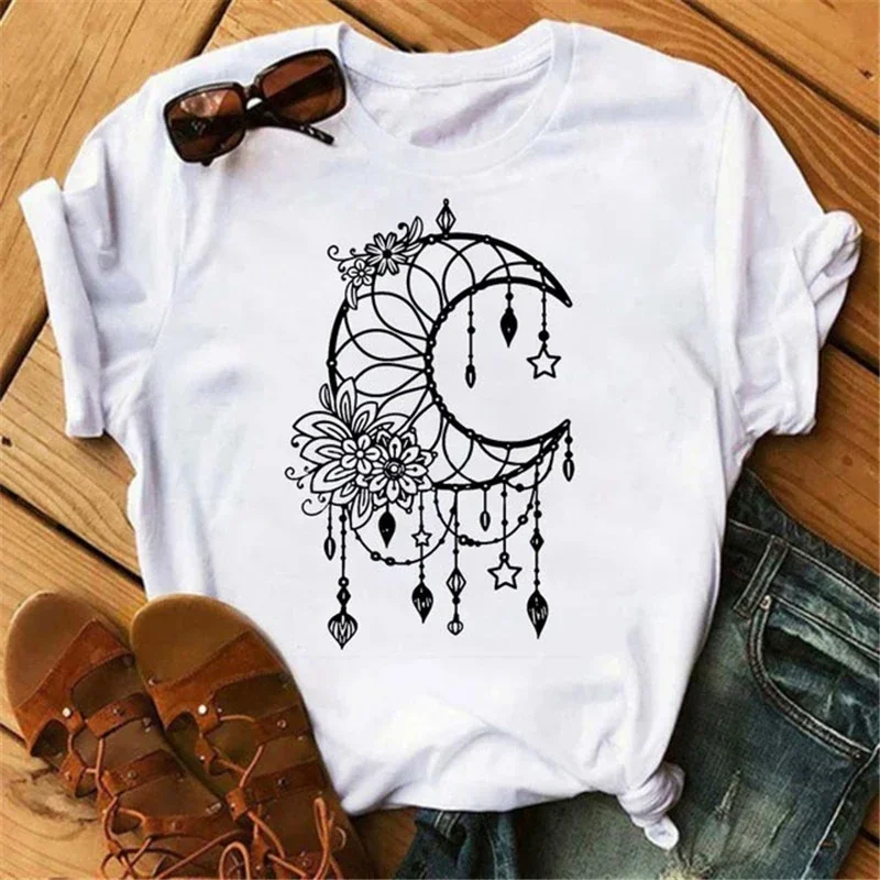 New Moon Print Girl Short SleeveT-shirt Women Tshirt Casual Funny T Shirt Femme Harajuku T Shirt Tops Women Clothes Cotton Tee