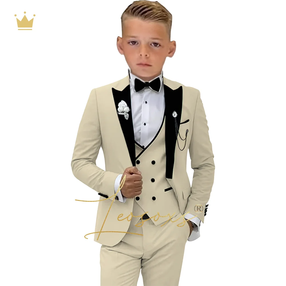 Boys 3-piece suit dress, children\'s peaked lapel fashionable tuxedo suit (jacket + vest + trousers) wedding party birthday suit