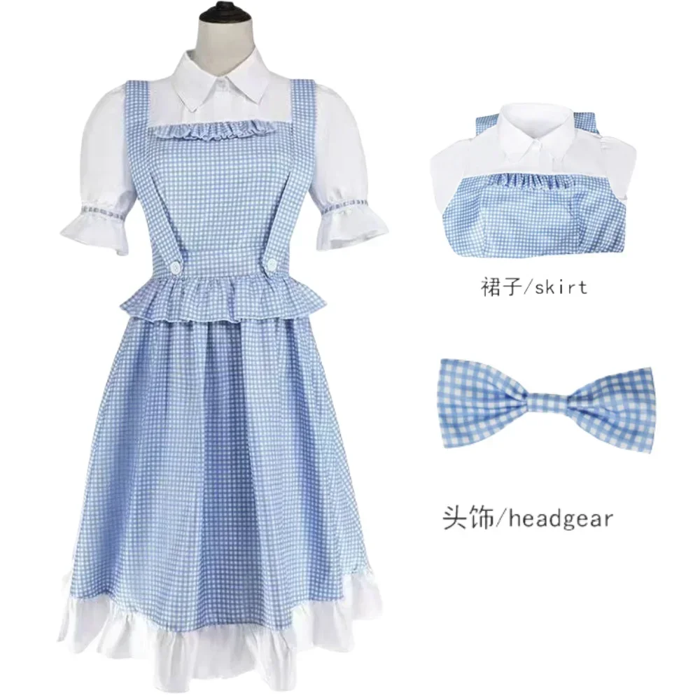 Disfraces de cosplay de Dorothy 2026 para la anime expo, personaje de juego popular, vestido azul, cabello castaño