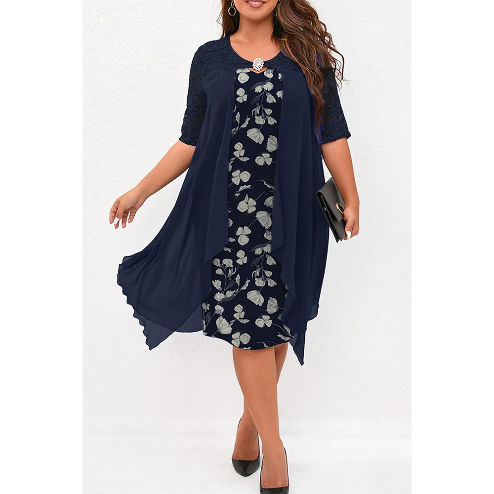 Plus Size Summer Casual Vacation Navy Blue Chiffon Lace Floral Print Knee-length 2 in 1 Midi Dress