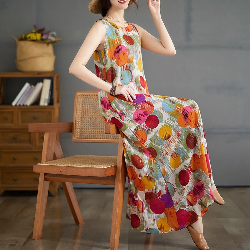 夏新作 n Sle 薄手コットンリネン Dr Svel ラウンドネックプリントロングスカート ワイドウエスト Aラインシルエットガウン