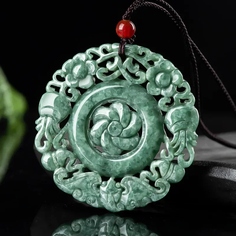 

Natural A Cargo Emerald Handmade Carving Flower Pendant Fashion Boutique Jewelry Men's and Women's Jade Necklace Matching