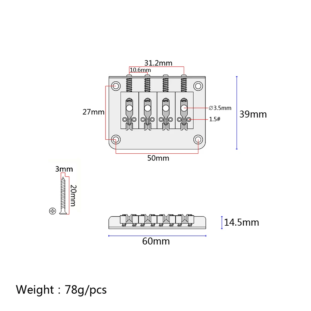 

4 String Bass Metal Guitar Bridge Vintage Style Top Load Bridge 4 Screws Adjustable Height For Jazz Guitar Parts