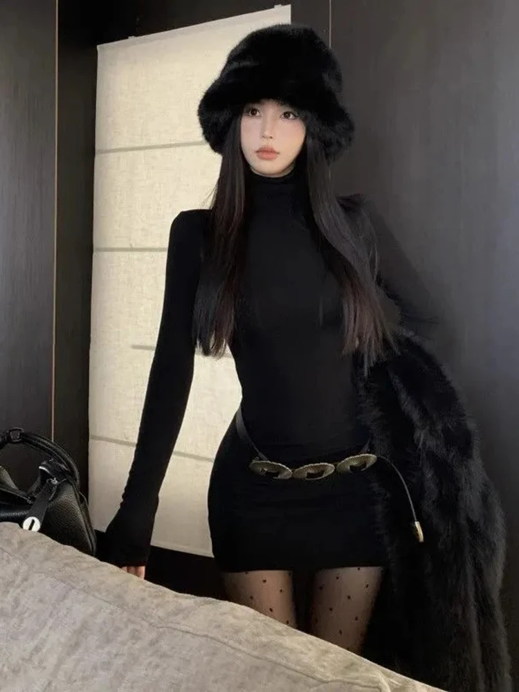 فستان أسود قصير بياقة مدورة للنساء للخريف مثير نحيف مع حزام وأكمام طويلة فستان قاعدة Y2K ملابس الشارع الشهير للحفلات الليلية #2