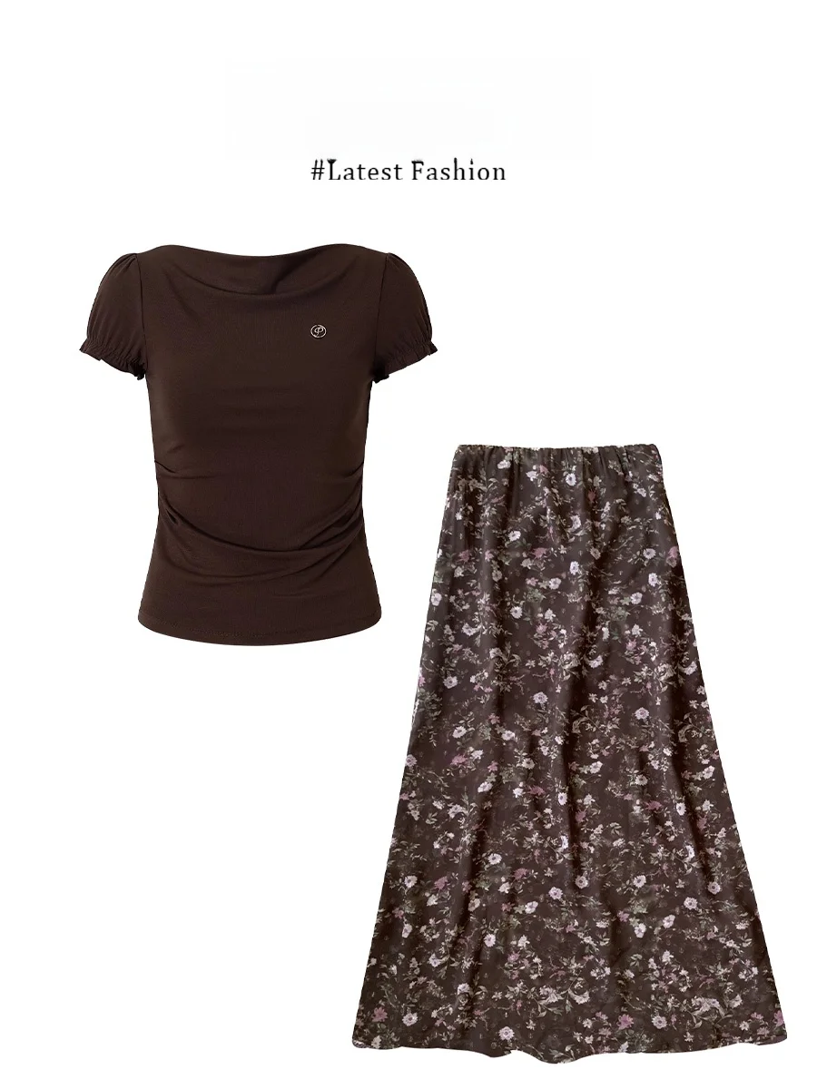 

Летний комплект Parkyeon: юбка с цветочным принтом и топ с коротким рукавом, повседневный стиль, кофейный цвет