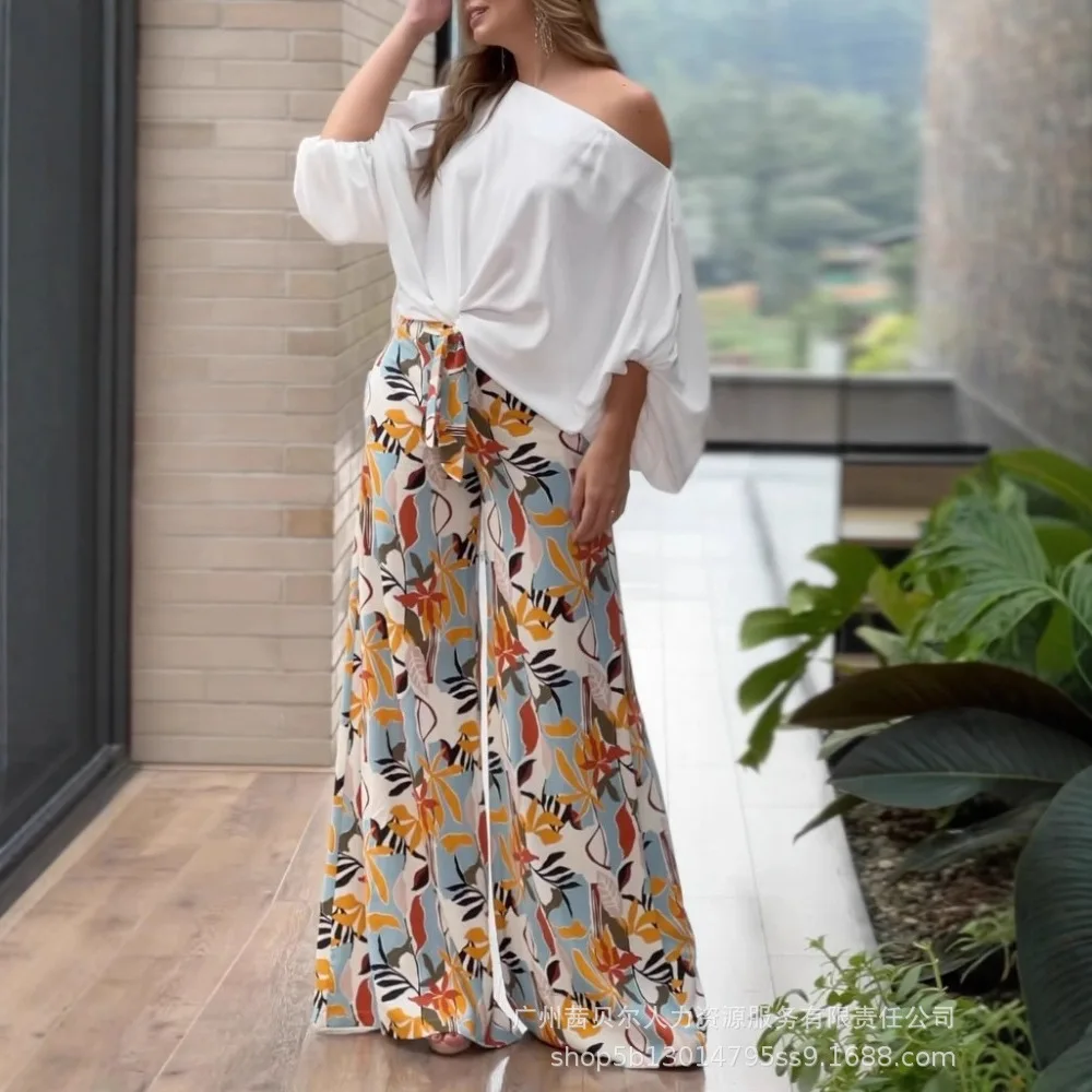 

Женский комплект из двух предметов с косыми плечами, одинаковые комплекты, топы, широкие длинные брюки с высокой талией и принтом Y2k, элегантная уличная одежда