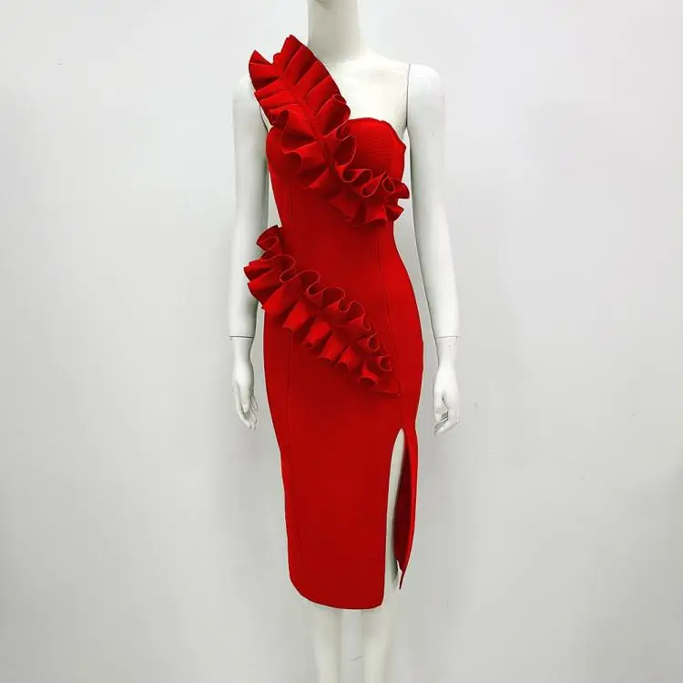 Svel Bandage Dr with Lace Trim High Waist Wrap around Single oulder Design Commute Sle Floral Embellied Bodyco...