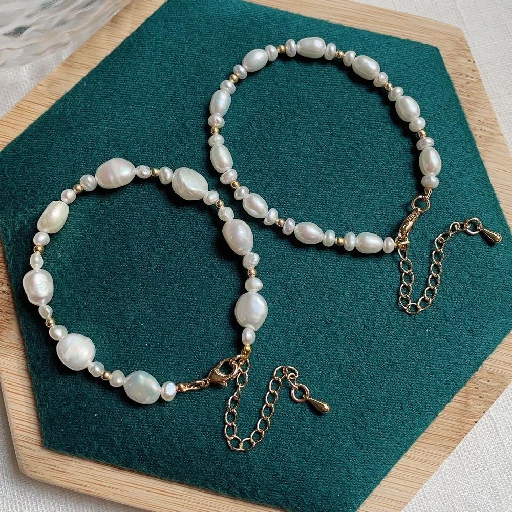 

Elegant Real Natural Freshwater Pearl Bracelet White Irregular Baroque Rice Pearl Charm Beaded Strand Bracelets Fashion Women