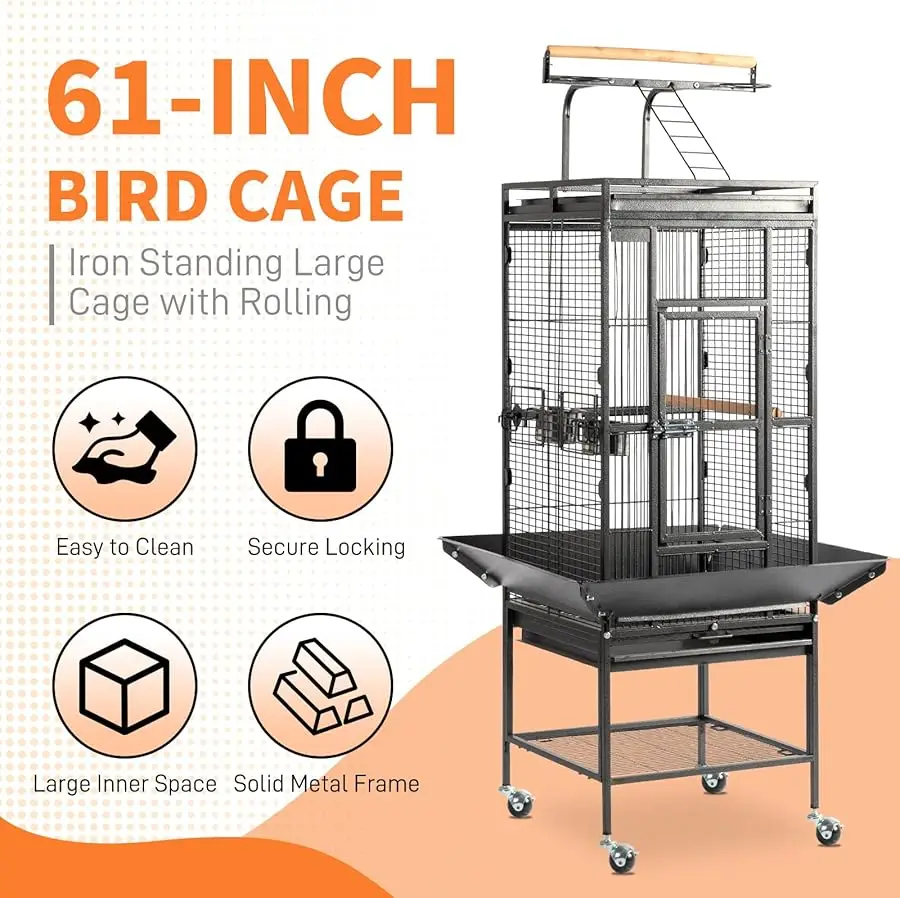 

INGLI 65-Inch Wrought Iron Bird Cage with Playtop | Durable Large Flight Cage with Ladder & Rolling Stand for Parrots, Cockatiel